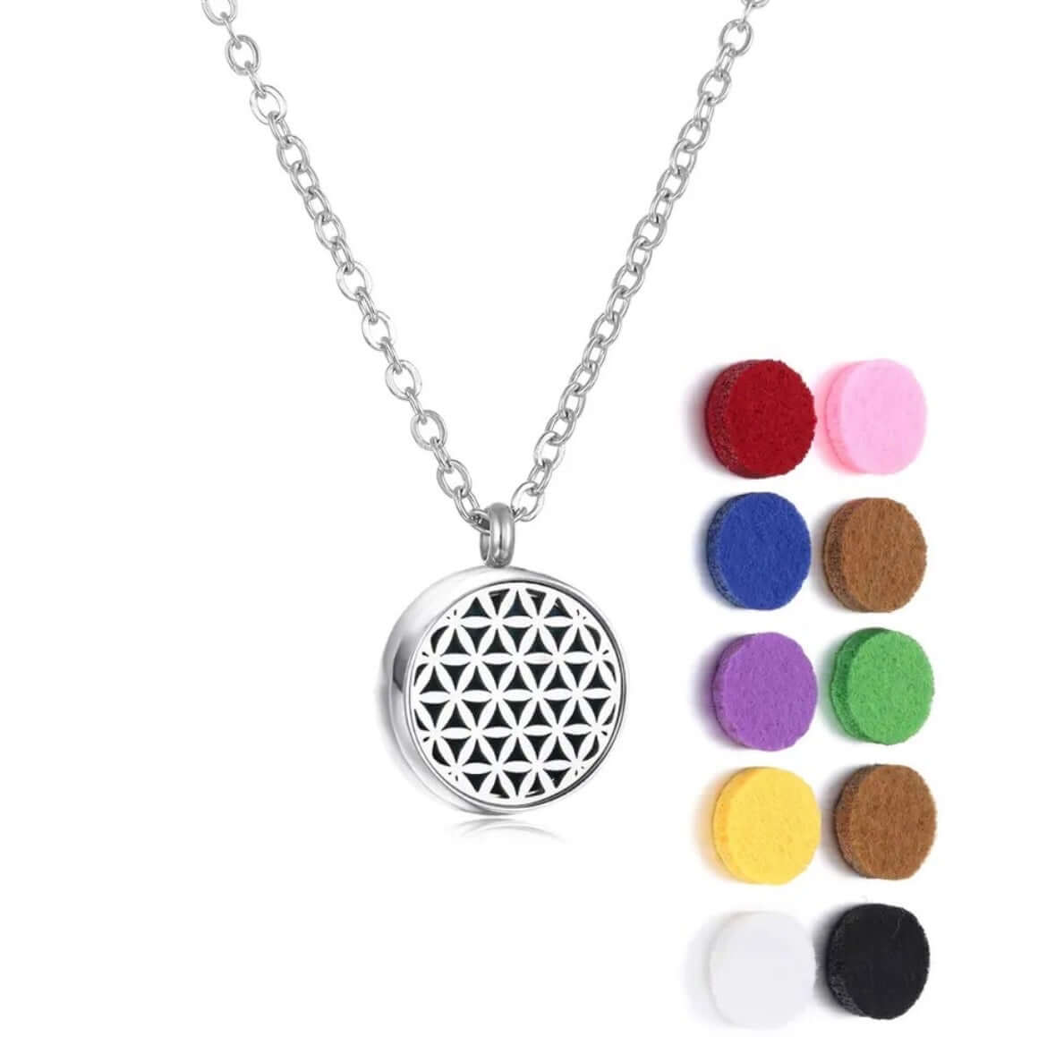 Collier diffuseur Aromah de 12mm avec assortiment de 10 pads colorés pour aromathérapie.