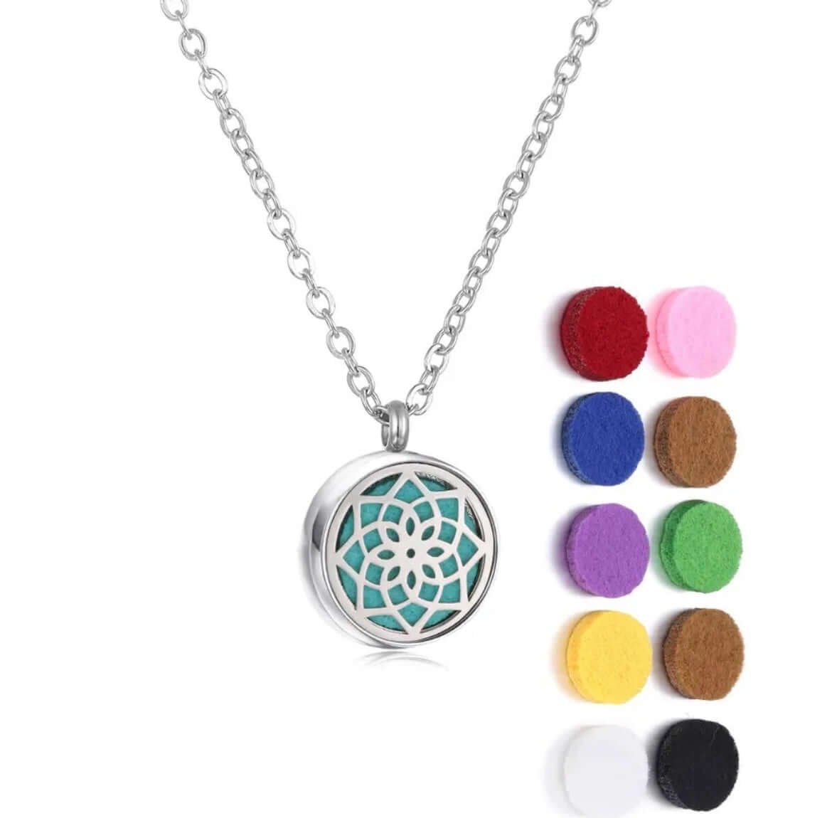 Collier diffuseur Aromah de 12mm avec assortiment de 10 pads colorés pour aromathérapie.