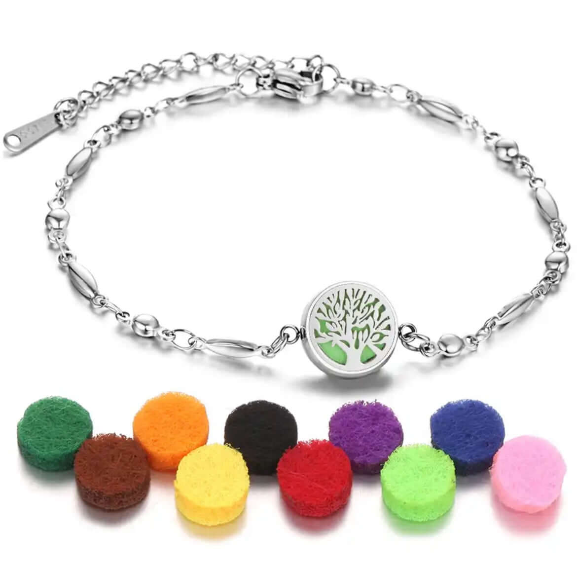 Collection de bracelets diffuseurs d'huiles essentielles Aromah avec assortiment de 10 pads colorés.