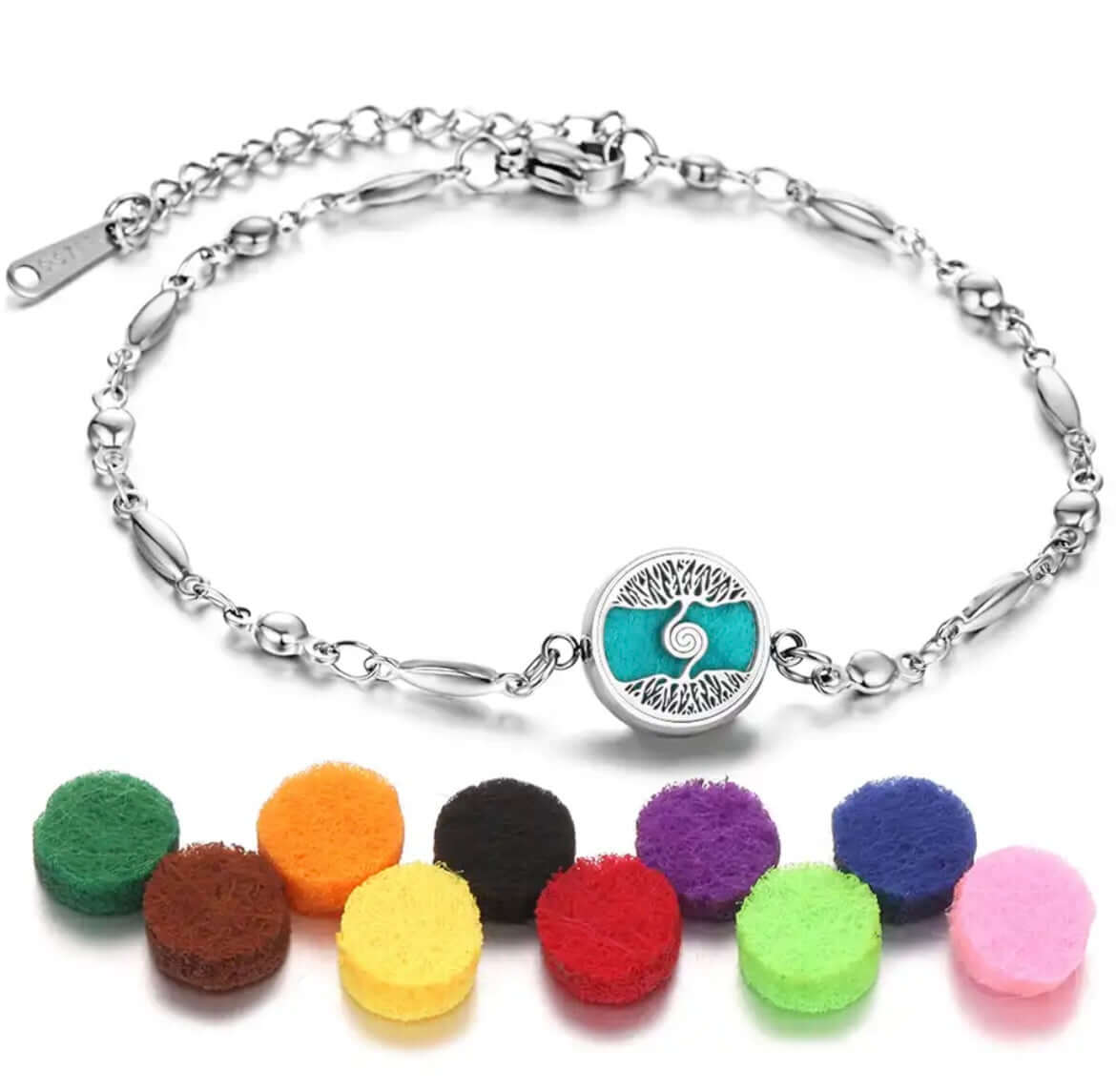 Collection de bracelets diffuseurs d'huiles essentielles Aromah avec assortiment de 10 pads colorés.