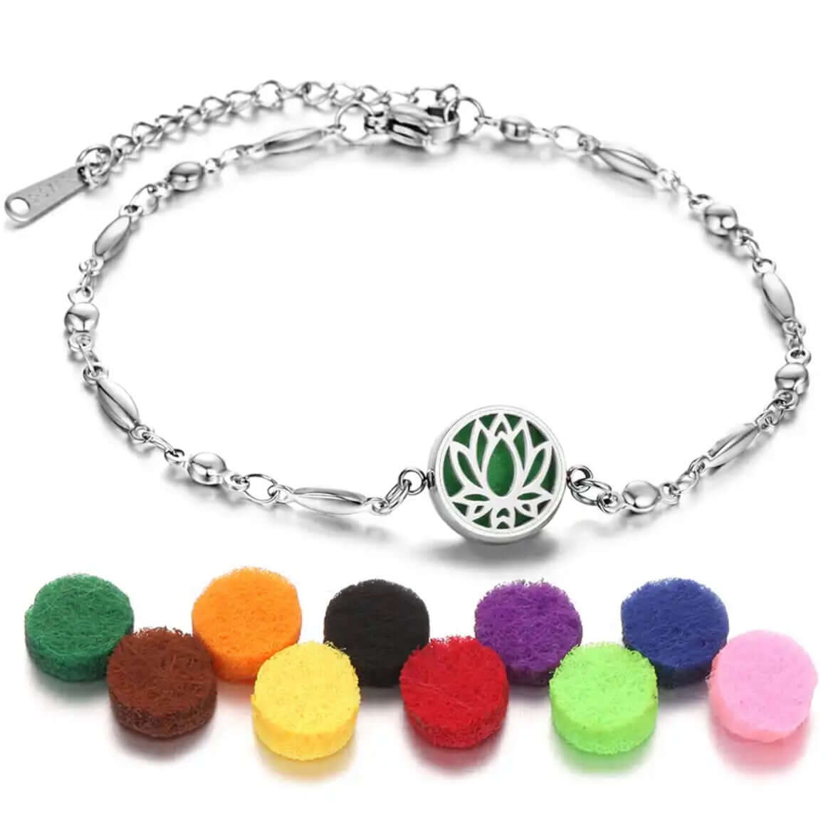 Collection de bracelets diffuseurs d'huiles essentielles Aromah avec assortiment de 10 pads colorés.