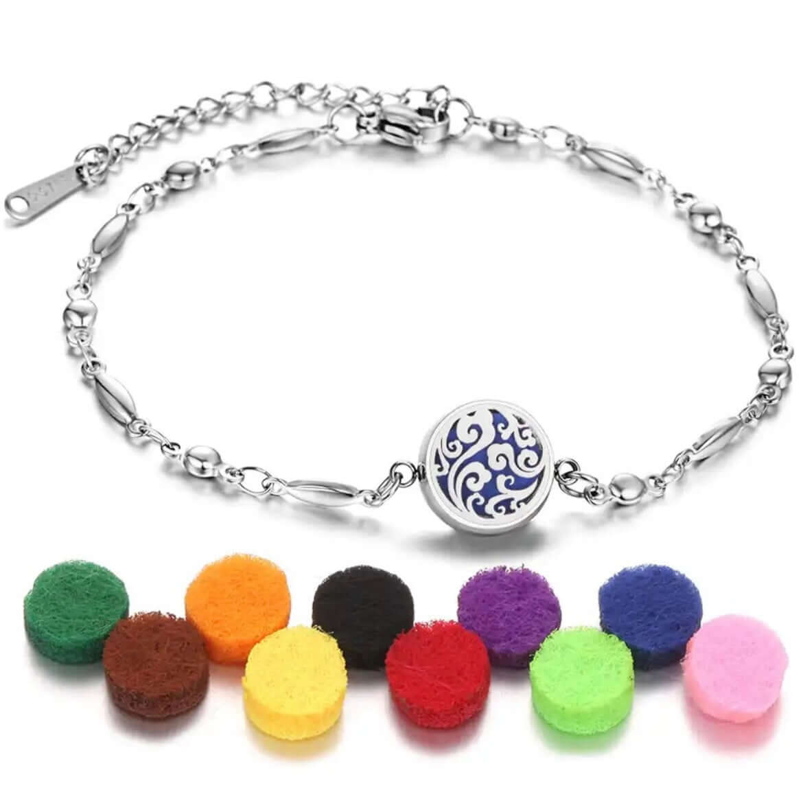 Collection de bracelets diffuseurs d'huiles essentielles Aromah avec assortiment de 10 pads colorés.