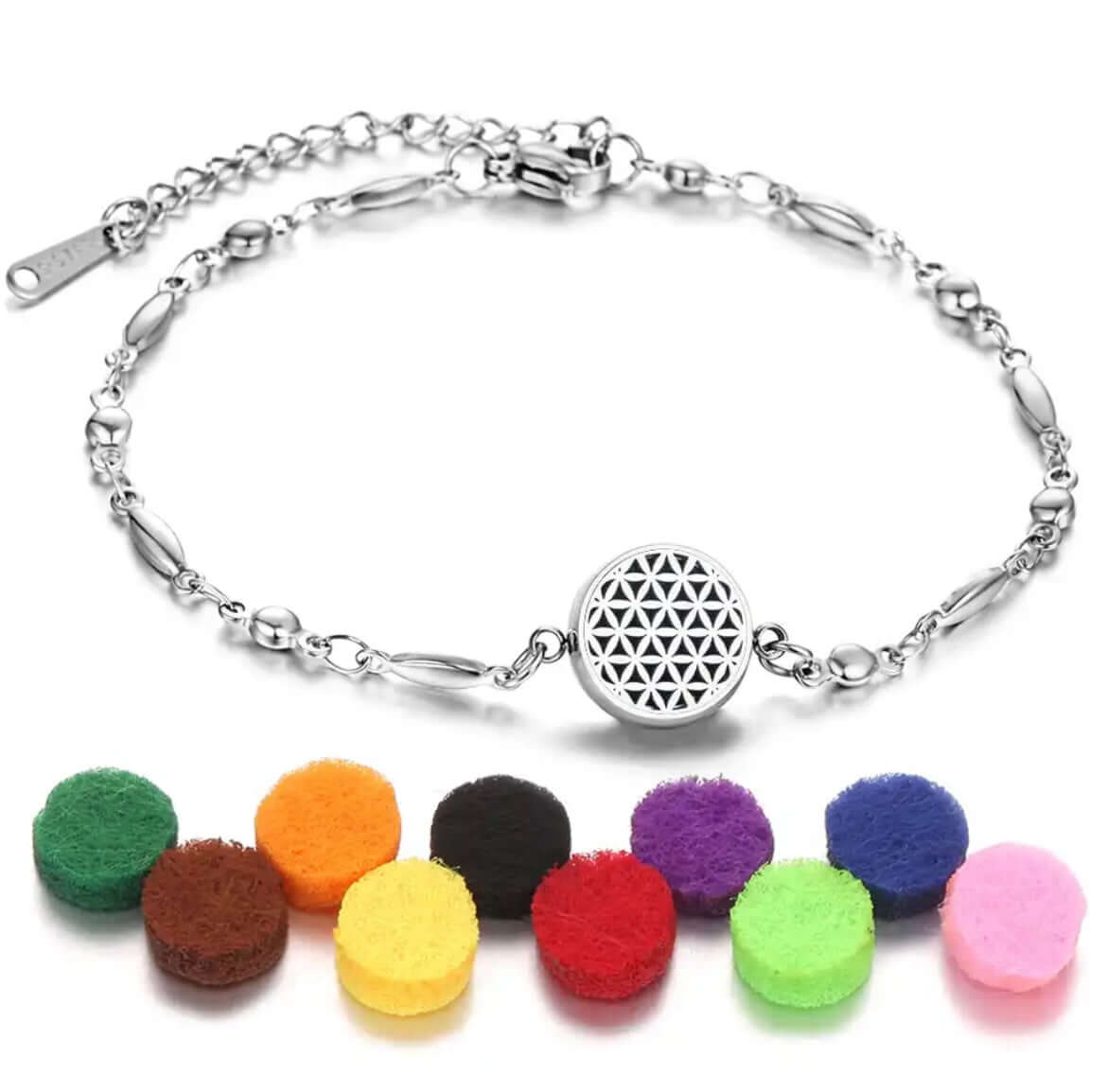 Collection de bracelets diffuseurs d'huiles essentielles Aromah avec assortiment de 10 pads colorés.