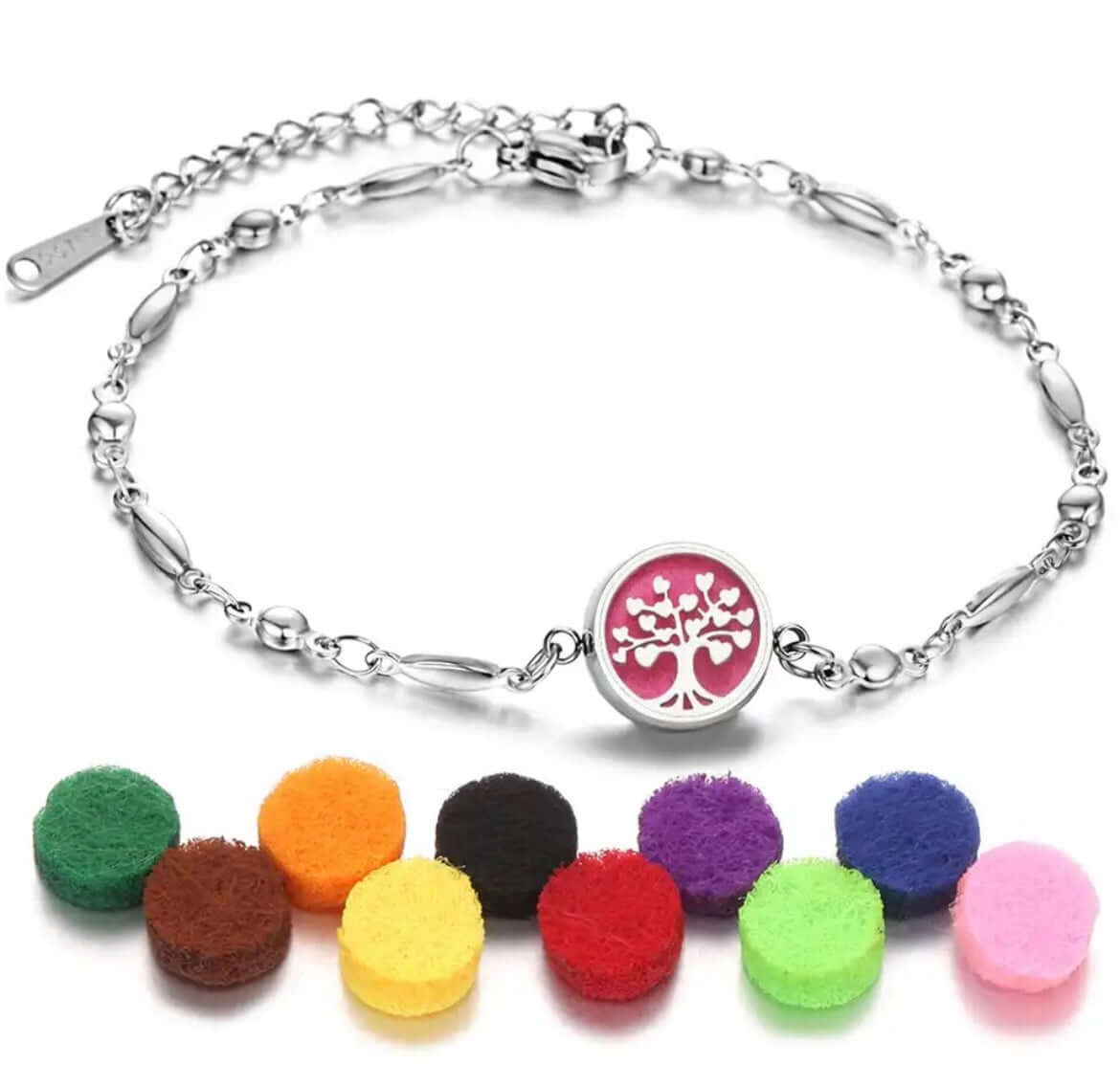 Collection de bracelets diffuseurs d'huiles essentielles Aromah avec assortiment de 10 pads colorés.