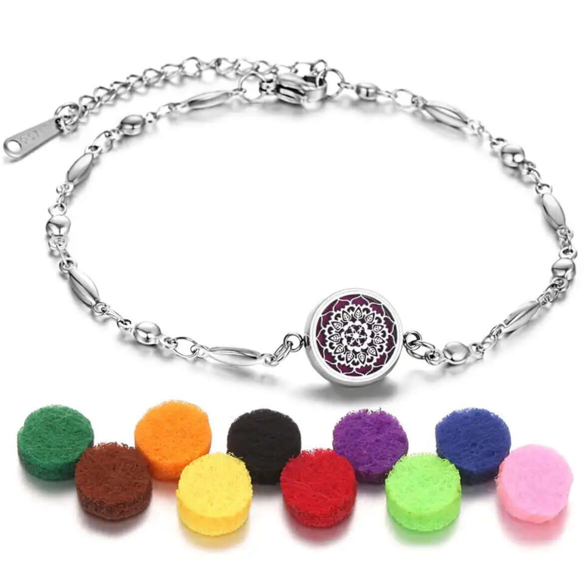 Collection de bracelets diffuseurs d'huiles essentielles Aromah avec assortiment de 10 pads colorés.