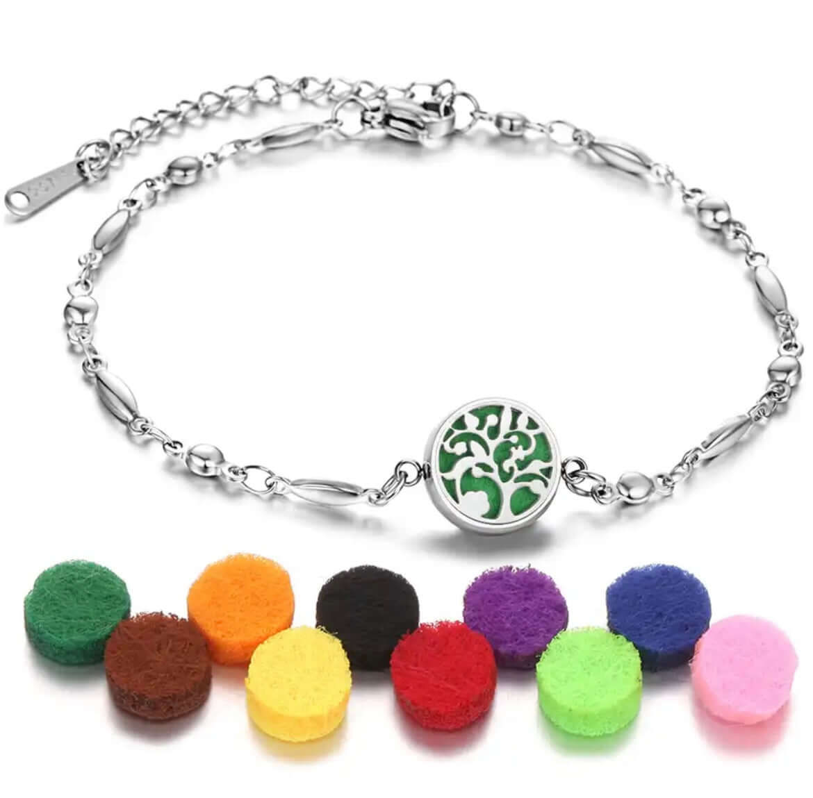 Collection de bracelets diffuseurs d'huiles essentielles Aromah avec assortiment de 10 pads colorés.