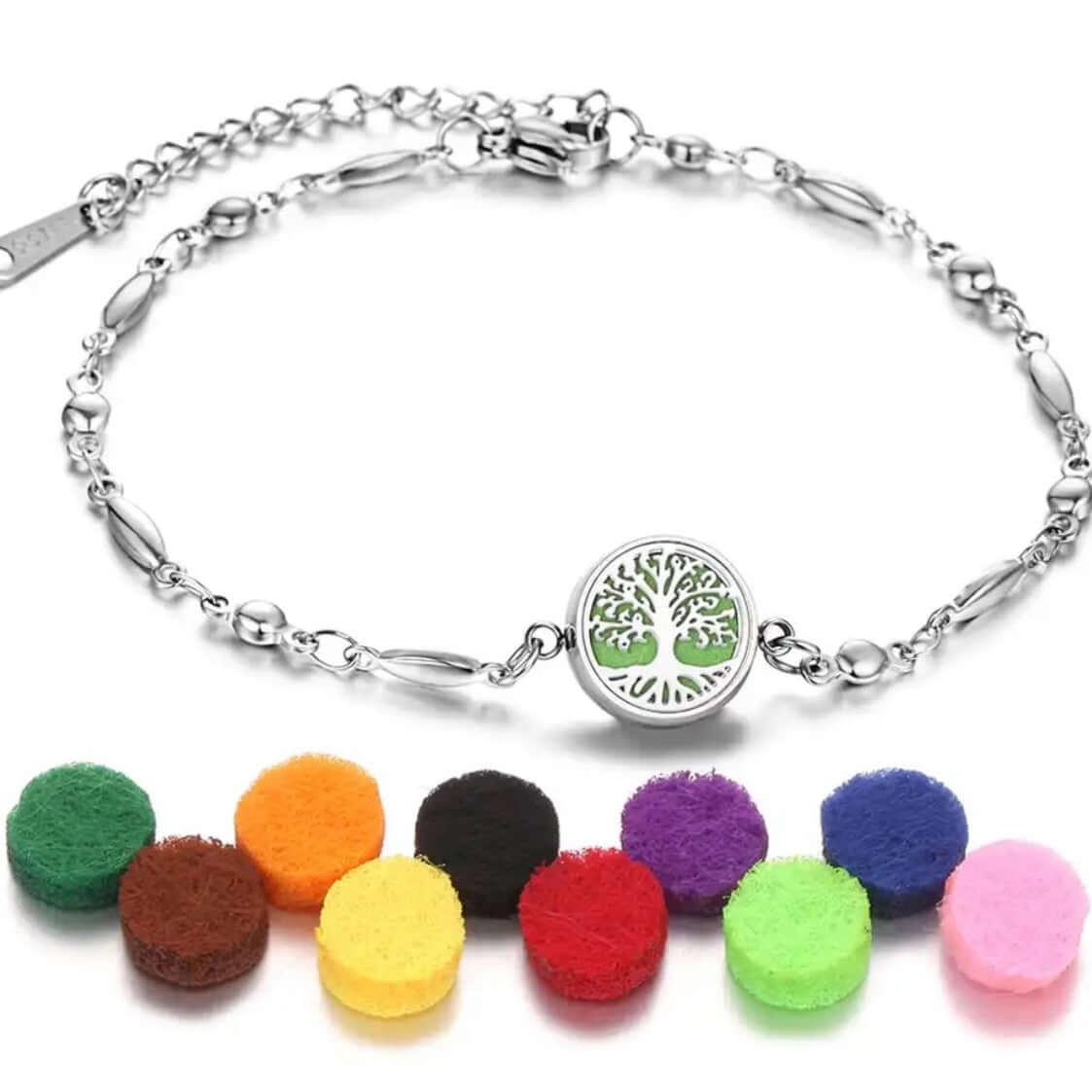 Collection de bracelets diffuseurs d'huiles essentielles Aromah avec assortiment de 10 pads colorés.